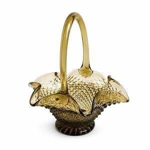 Indiana Green Glass Bride's Basket Candy Dish Vase Planter Diamond Point Ruffled